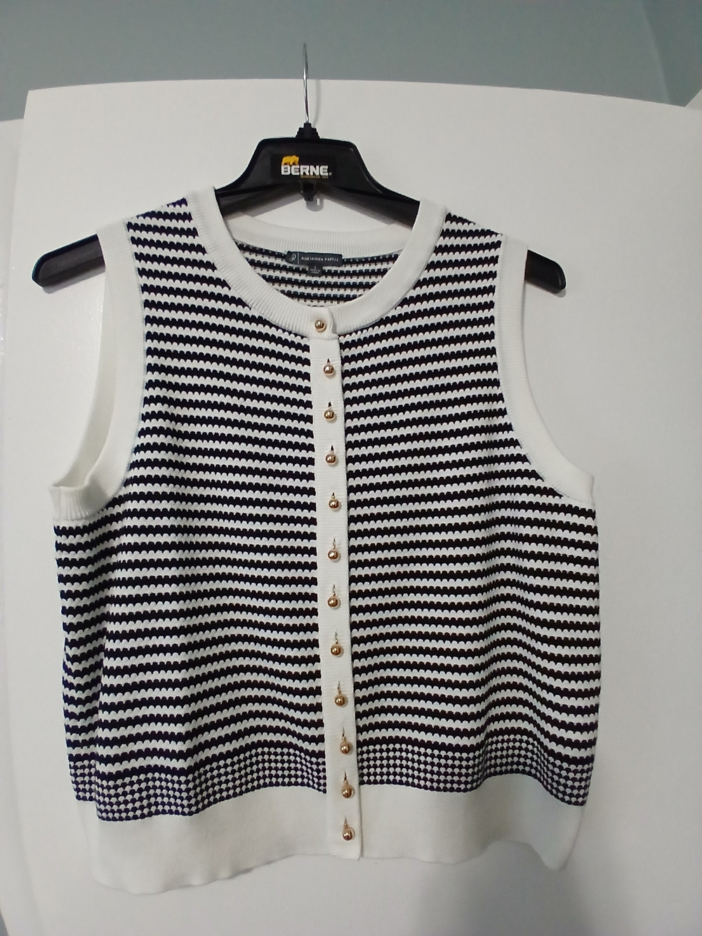Adrianna Papell Navy and White Striped Sleeveless Knit Shell with Gold Buttons